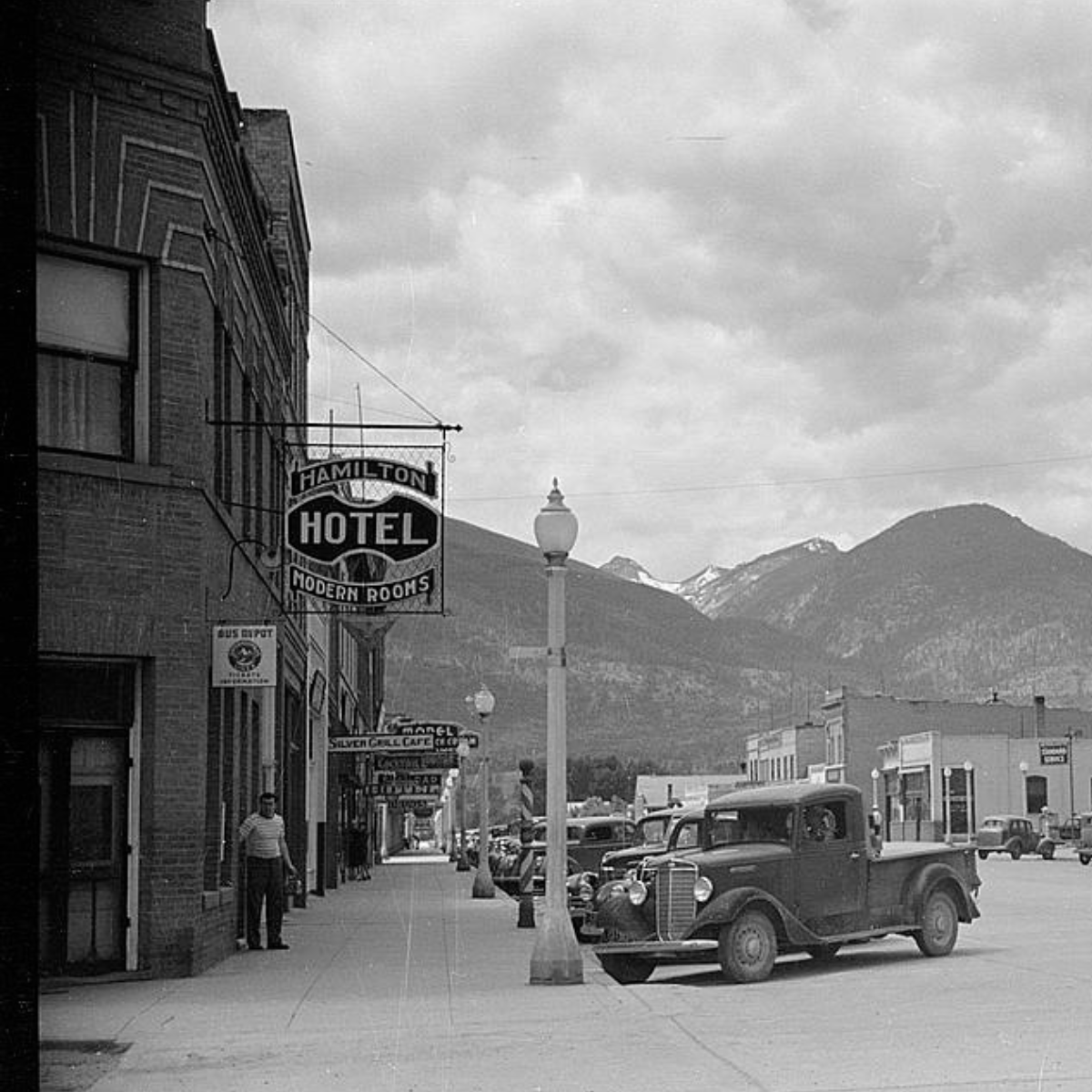 Hamilton Montana town square in black and white, circa 1930s.